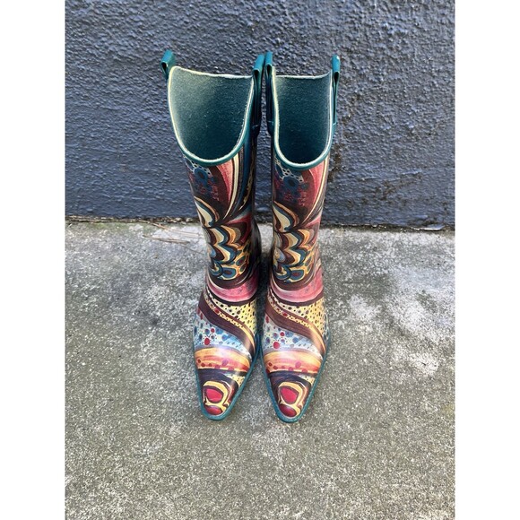 Corkys Women’s Sz 6 Yippy Western Rainboots Turquoise Monet Rubber Boho Chic - Picture 1 of 11